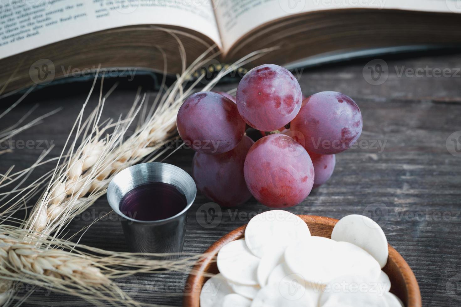 Concept of Eucharist or holy communion of Christianity. Eucharist is sacrament instituted by Jesus. during last supper with disciples. Bread and wine is body and blood of Jesus Christ of Christians. photo