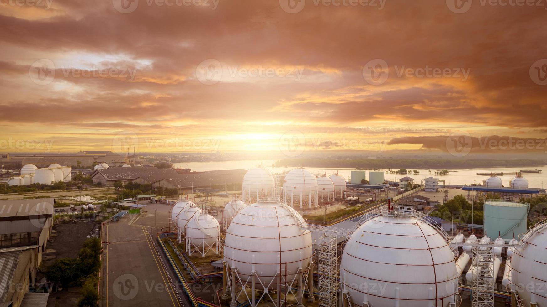 Aerial view of industrial gas storage tank in factory. LNG or liquefied natural gas storage tank. Global energy crisis. Energy price crisis. Natural gas storage industry. Above-ground gas storage tank photo