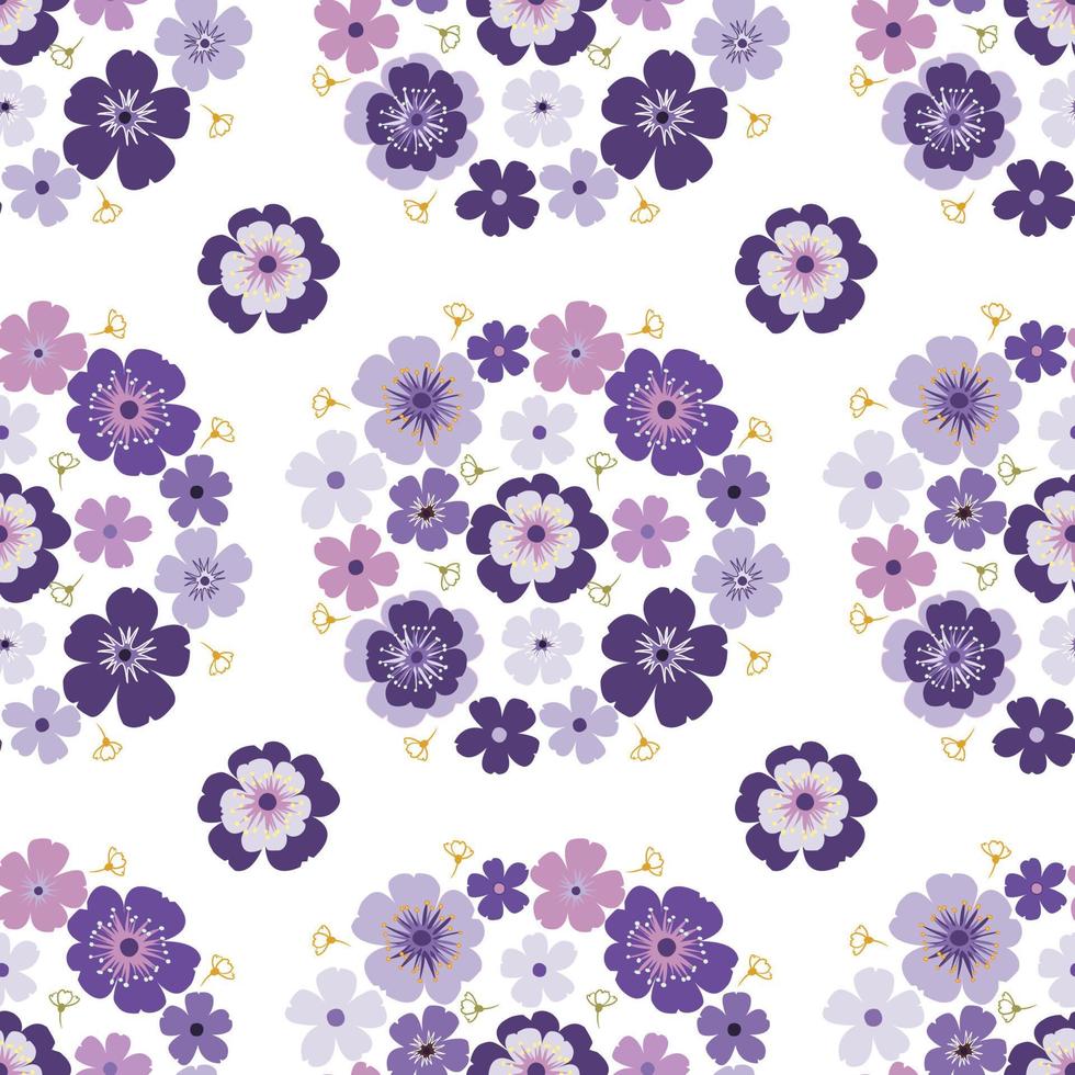 Purple violet daisy petal spring flower blossom vector seamless pattern, abstract flora illustration drawing on white background for fashion fabric textiles printing, wallpaper and paper wrapping