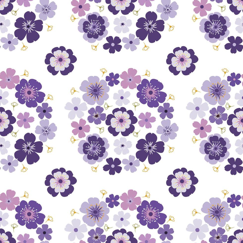 Púrpura violeta margarita pétalo primavera flor flor vector patrón sin costuras, dibujo de ilustración de flora abstracta sobre fondo blanco para la impresión de textiles de tela de moda, papel tapiz y envoltura de papel