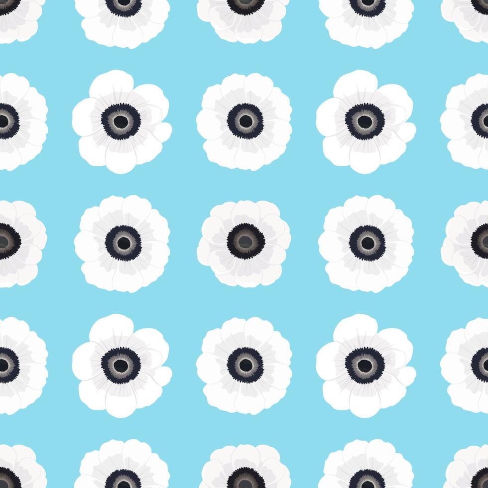 Vector seamless pattern with white petal Anemone spring flower blossom, illustration abstract flora drawing on blue background for fashion fabric textiles printing, wallpaper and paper wrapping