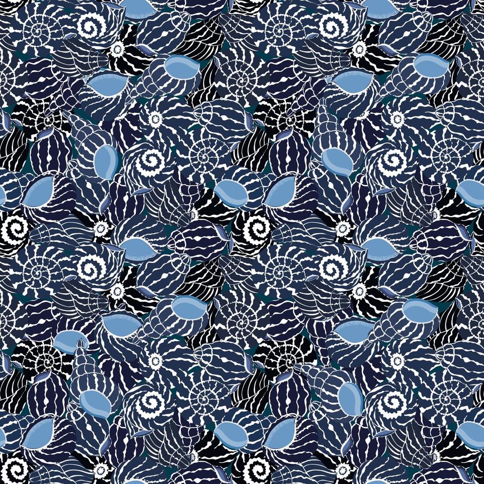 patrón vectorial sin costuras con concha azul, dibujo abstracto de ilustración de mariscos sobre fondo negro para la impresión de textiles de tela de moda, papel tapiz y envoltura de papel vector