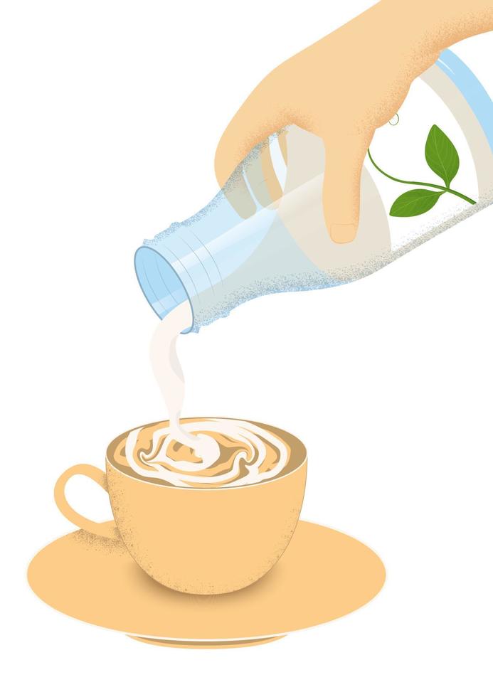 Coffee with plant based milk illustration, hand pouring milk from a bottle vector