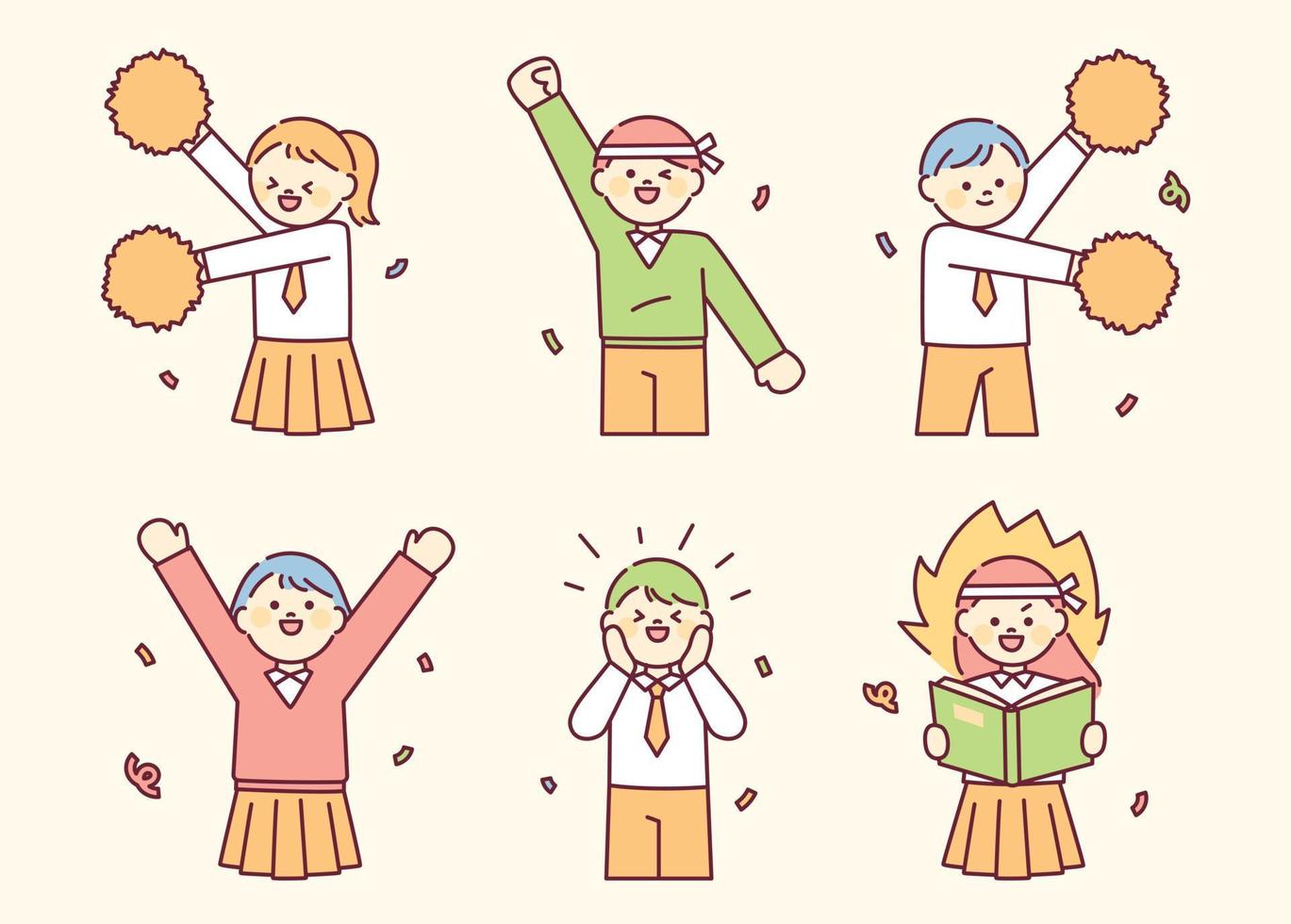 Cute Students In School Uniforms Are Cheering Happily Outline Simple cute-students-in-school-uniforms-are-cheering-happily-outline-simple