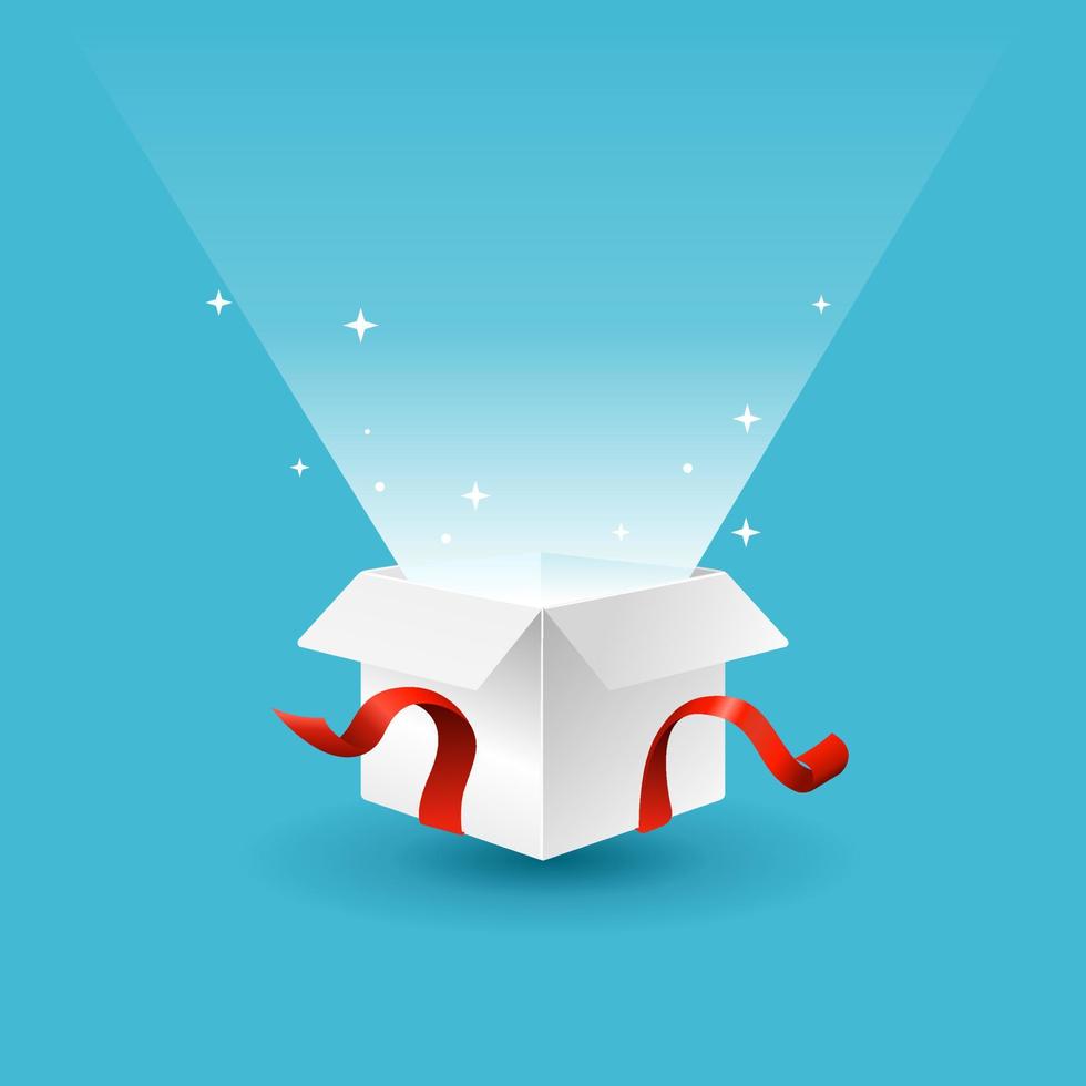 Gift box opened with a light shining on it. White gift boxes opened on blue background. Vector illustration.