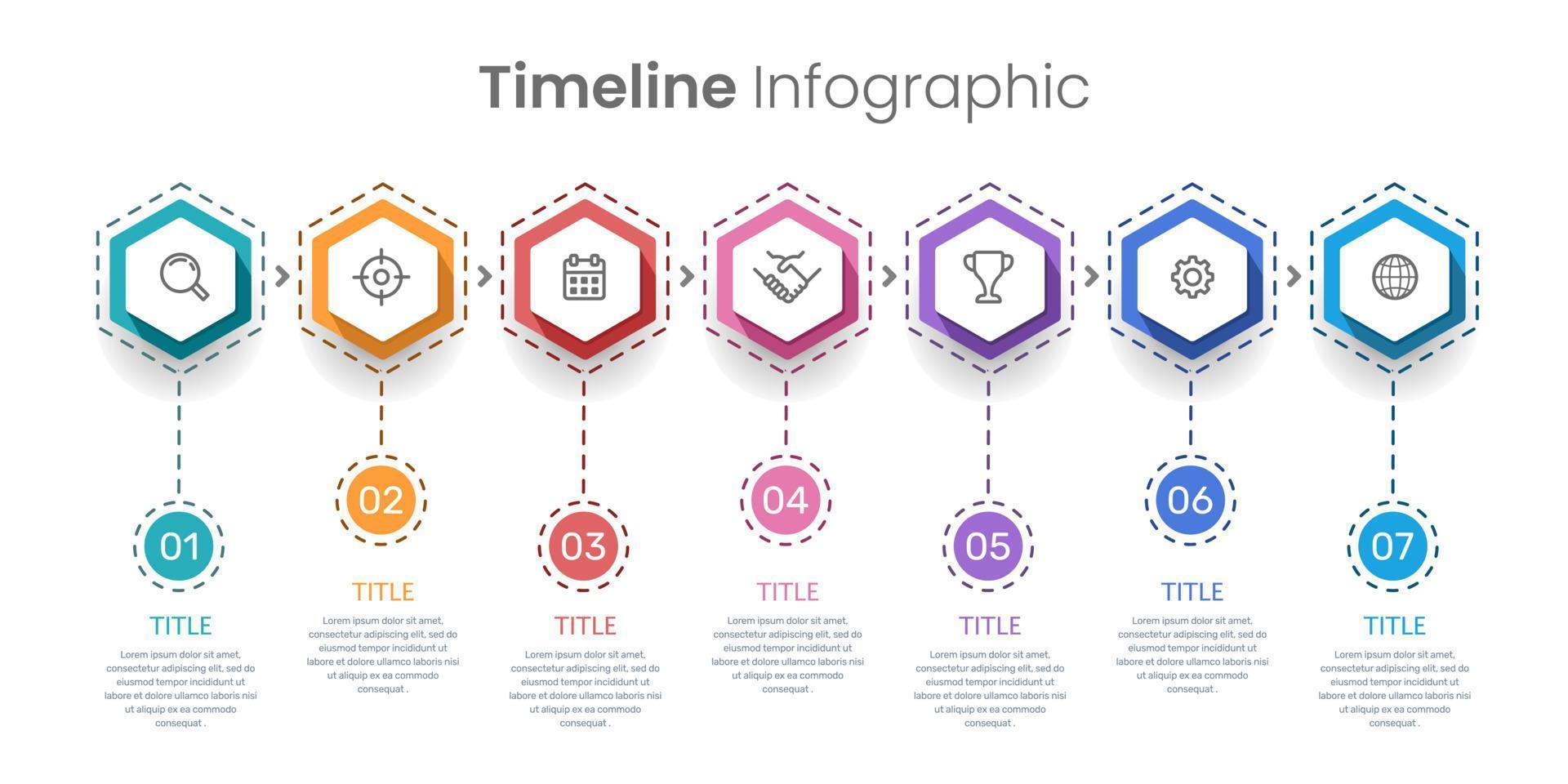 Business timeline 7 steps hexagon colorful infographic. Company presentation milestone. Vector illustration.