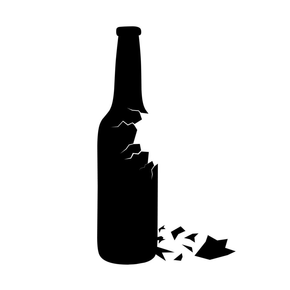 Silhouette of a crushed bottle on a white background. Sharp shards of glass fall. The edge of the bottle is very sharp and dangerous, suitable for broken, cracked, sharp drink container logos. Vector