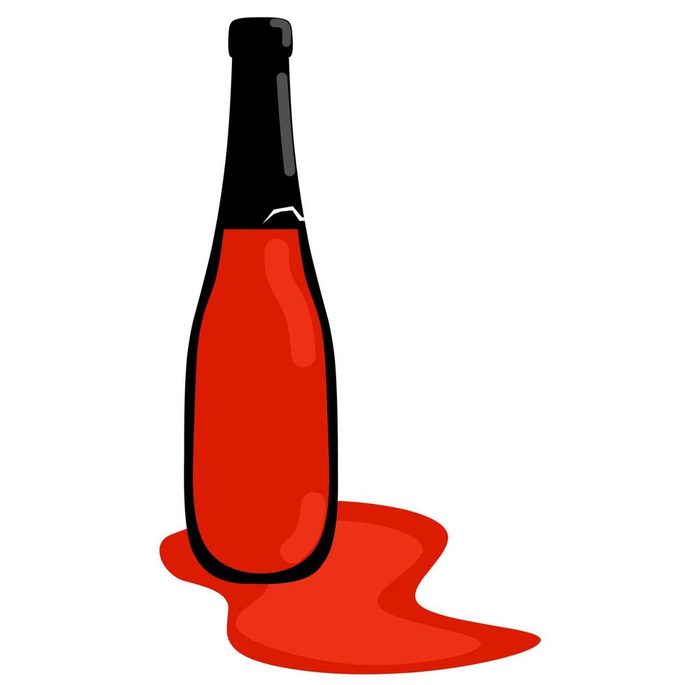 botella de salsa rota sobre un fondo blanco. salsa roja se derramó de la abertura de la botella agrietada. ideal para logotipos de contenedores rotos. ilustración vectorial vector