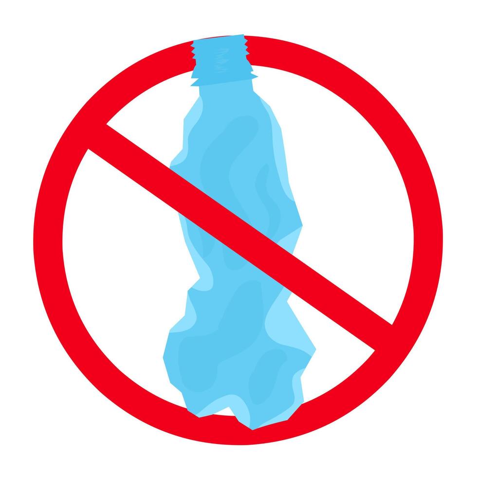 No use of crumpled bottles sign with red circle. Great for plastic waste hazard logo on white background. Vector illustration