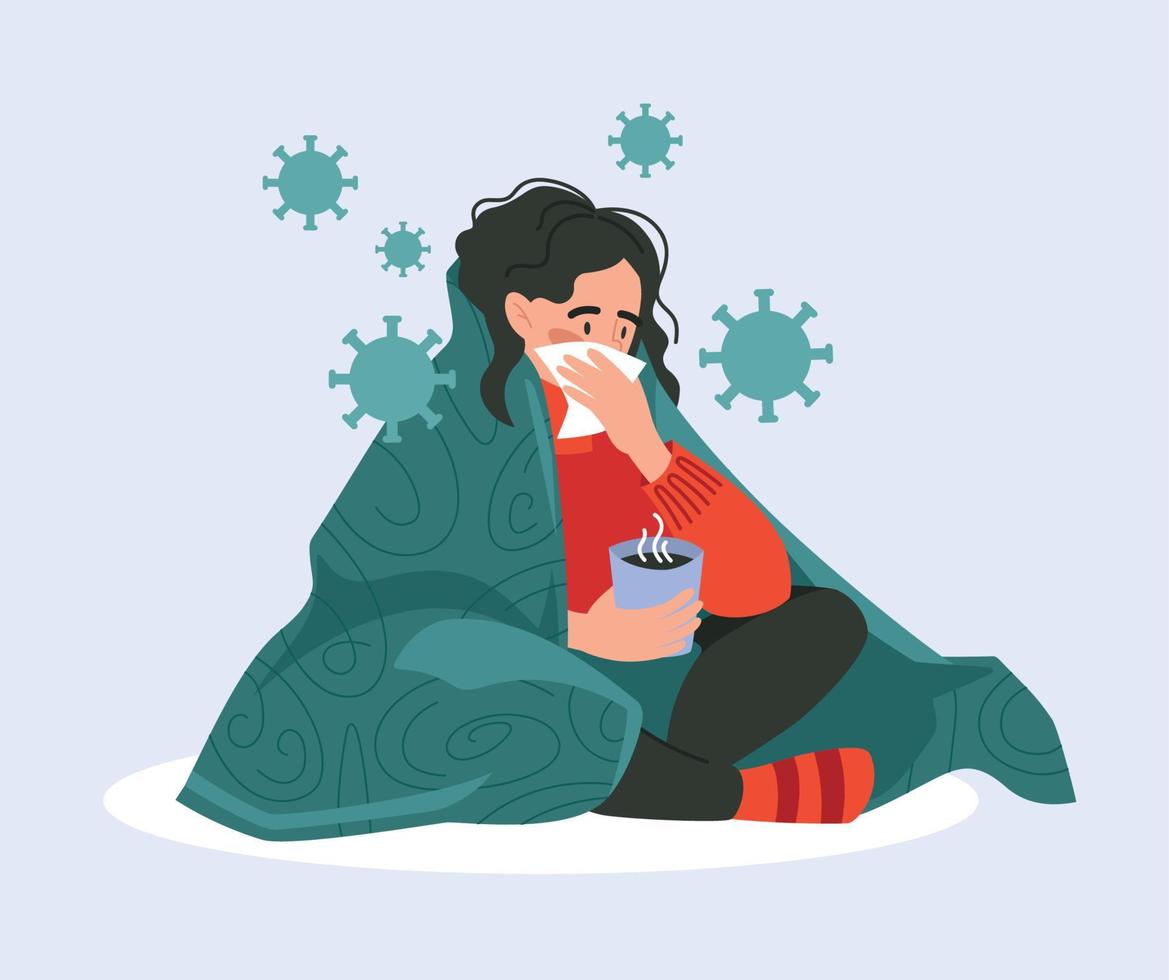 The girl is ill, sits wrapped in a blanket, has a runny nose. Viruses, diseases and medicines. Vector image.