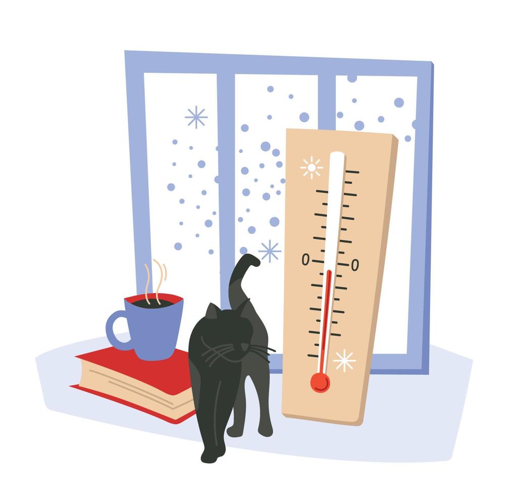 The thermometer shows the temperature. It's snowing outside. Black cat near the window. Book, cup with hot drink. Vector image.