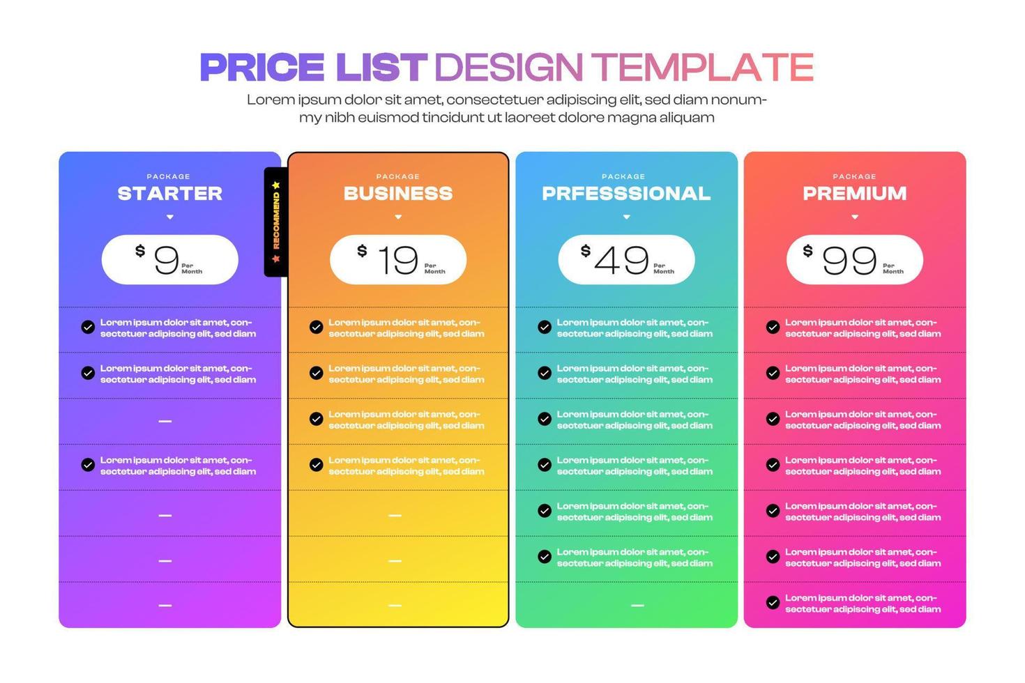 diseño de plantilla ux ui lista de precios. precio del paquete del producto del sitio web de la página de destino y casilla de verificación. ilustración vectorial. vector