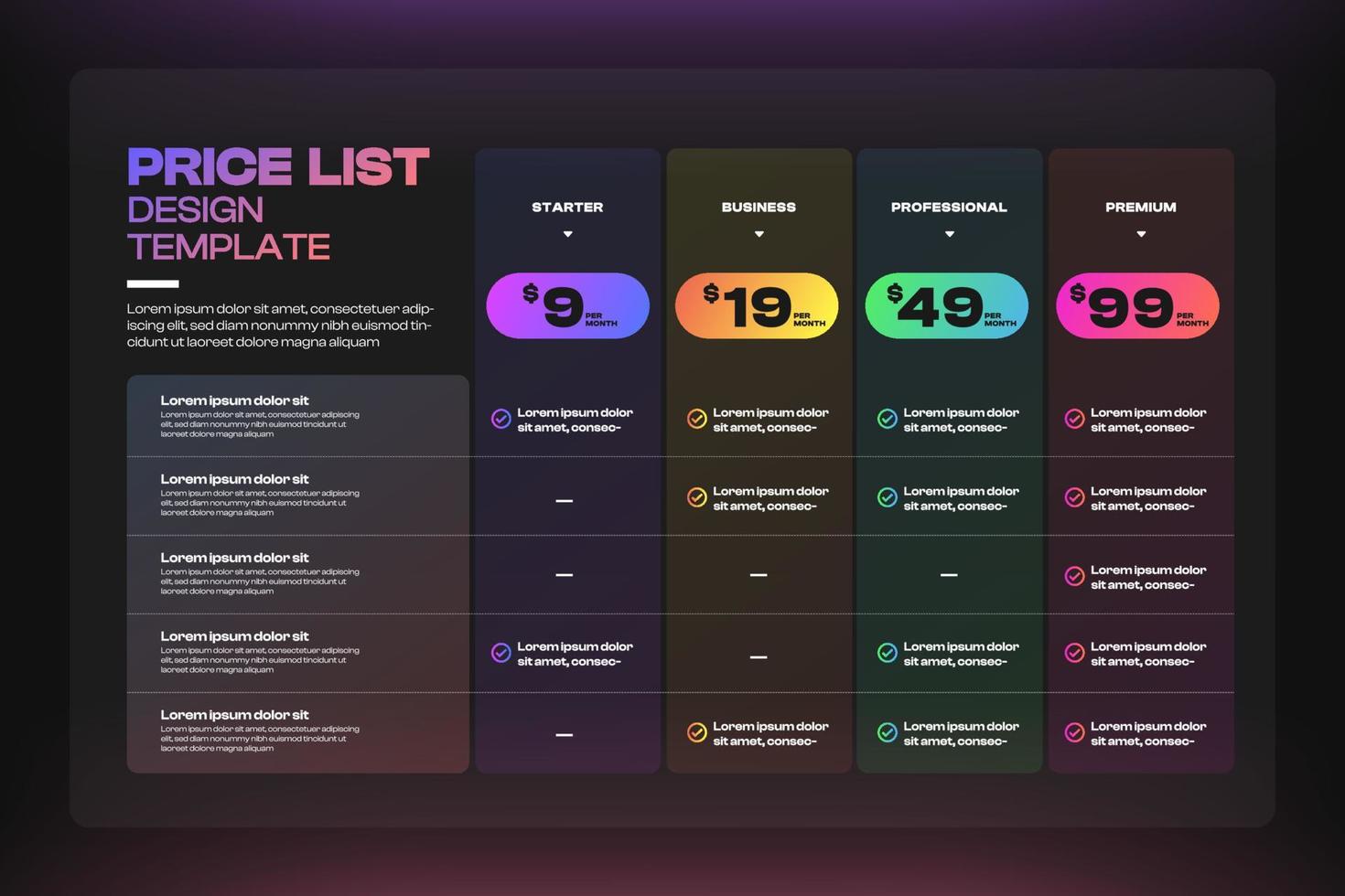 Template Design UX UI price list. Landing page website product package price and check box. Vector Illustrate.