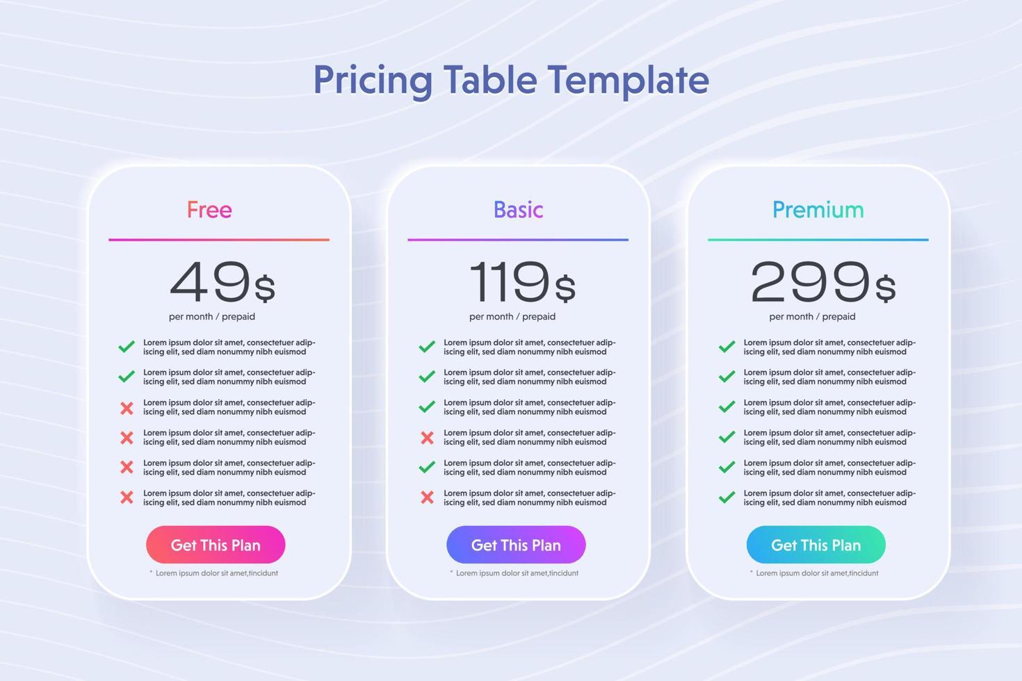 Template Design UX UI price list. Landing page website product package price and check box. Vector Illustrate.