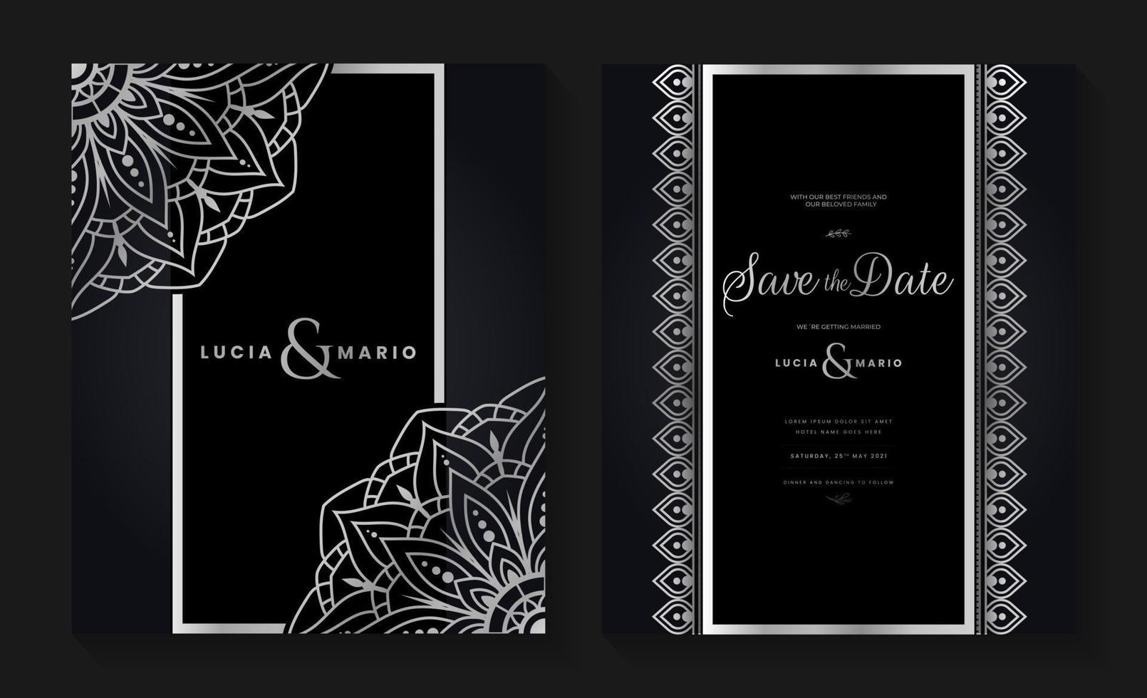 Luxury wedding invitation card design with silver mandala and abstract pattern, Arabic Islamic east background style, Decorative ornamental mandala for print, poster, cover, flyer, and banner. vector