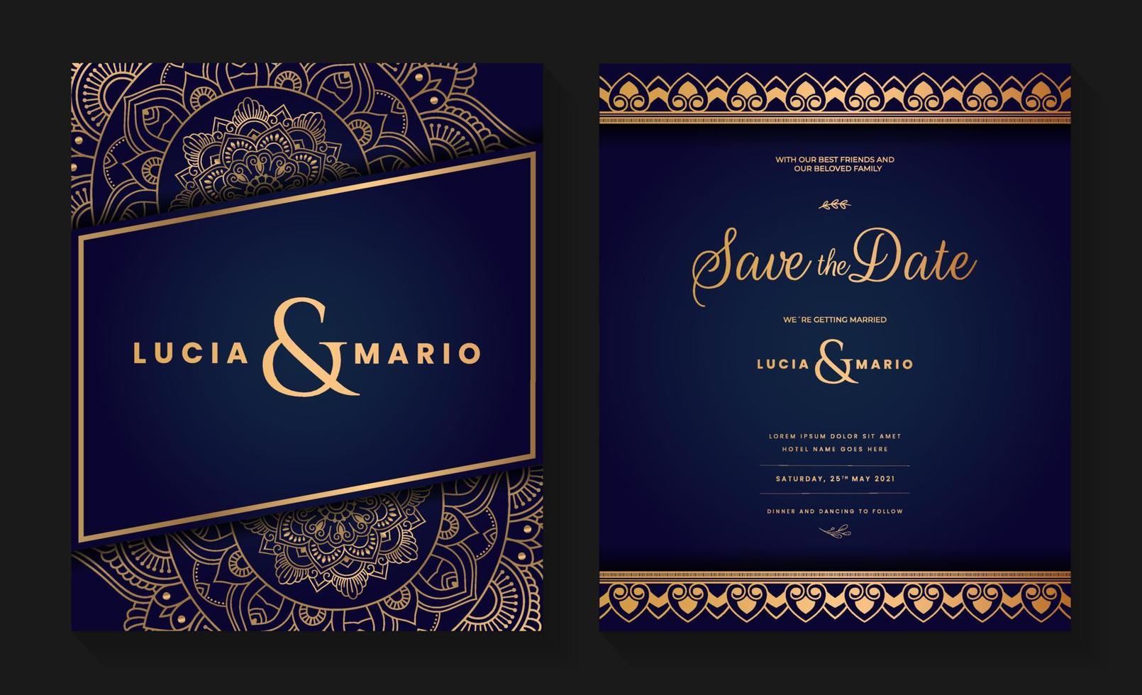 diseño de tarjeta de invitación de boda de lujo con mandala dorado y patrón abstracto, estilo de fondo árabe islámico oriental, mandala ornamental decorativa para impresión, afiche, portada, volante y pancarta. vector