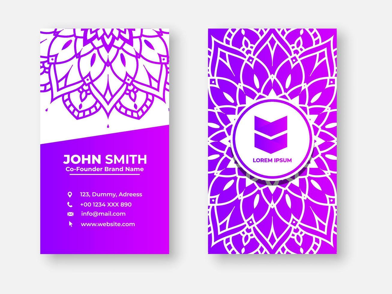 Modern double sided busines card design, Colorful gradient mandala business card design. Bright floral ornamental elements, Indian, Asian, Arabic, Islamic, and ottoman motif, Vector illustration