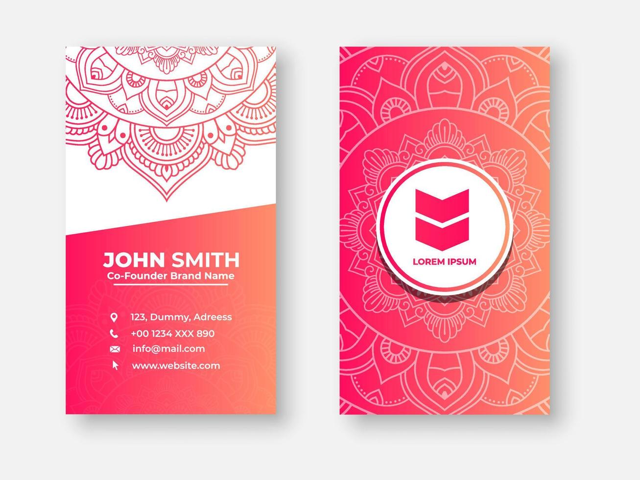 Modern double sided busines card design, Colorful gradient mandala business card design. Bright floral ornamental elements, Indian, Asian, Arabic, Islamic, and ottoman motif, Vector illustration