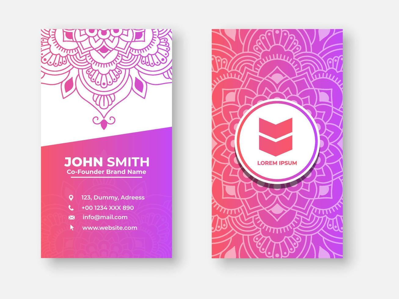 Modern double sided busines card design, Colorful gradient mandala business card design. Bright floral ornamental elements, Indian, Asian, Arabic, Islamic, and ottoman motif, Vector illustration