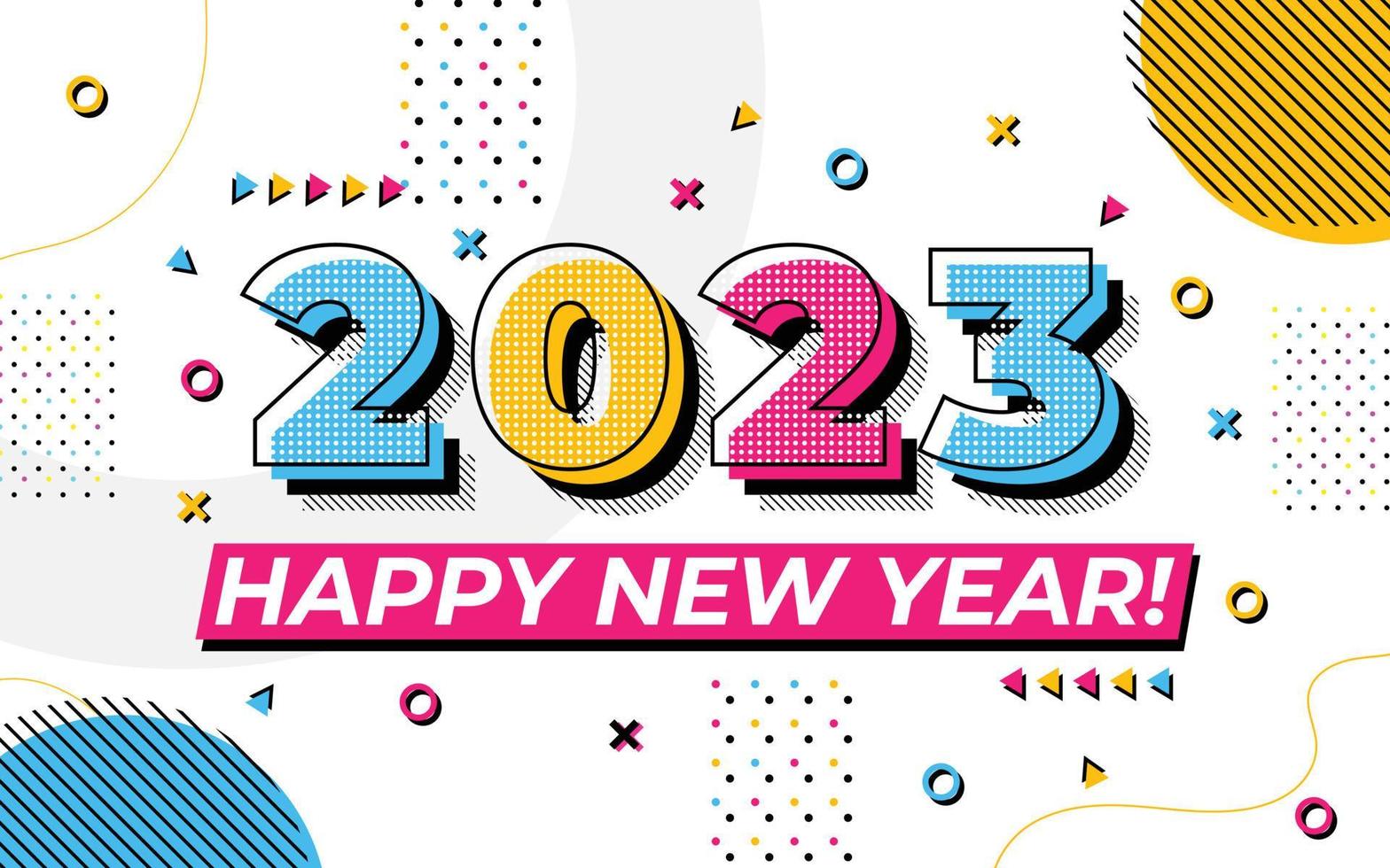 Happy new year 2023 greeting card template, Trendy typography with geometric hipster pattern in Memphis style, 2023 logo background, Applicable for banner, calendar, invitation, flyer, social media vector