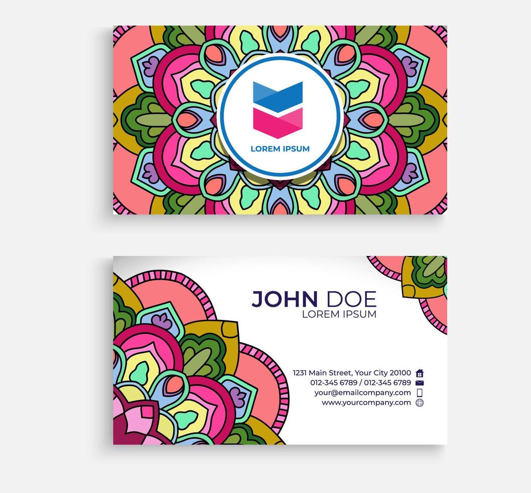 Embroidery style colorful mandala business card design. Bright floral ornamental elements, Indian, Asian, Arabic, Islamic, and ottoman motif. Vector illustration