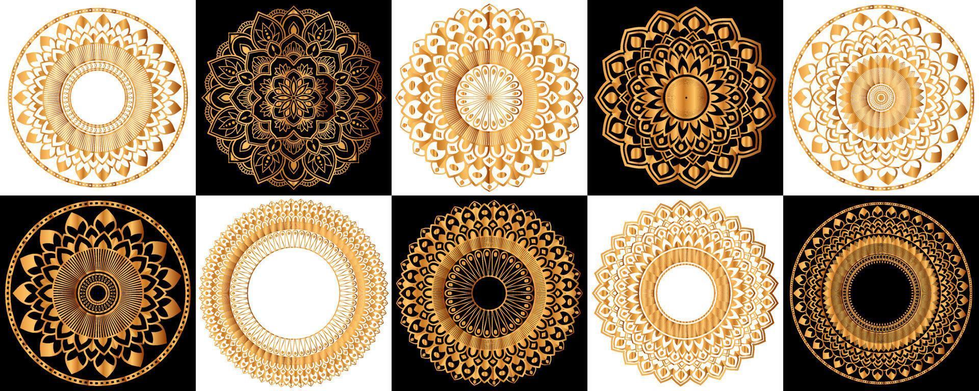 Set of gold zentangle mandalas, Mandala for henna, mehendi, tattoo, Decorative ethnic ornamental elements, Oriental patterns vector