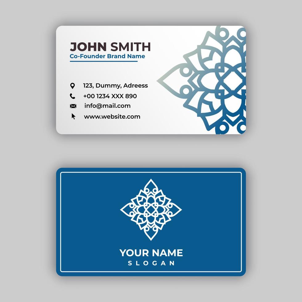 moderna tarjeta de visita de doble cara, plantilla de vector de diseño de tarjeta de visita de mandala con logotipo de mandala, elementos ornamentales florales arabescos coloridos