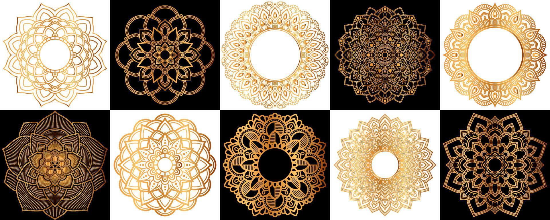 Set of gold zentangle mandalas, Mandala for henna, mehendi, tattoo, Decorative ethnic ornamental elements, Oriental patterns vector