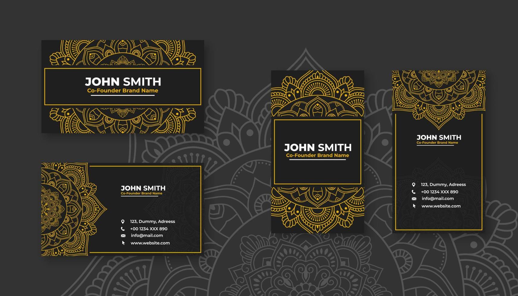 Luxury black business card with yellow mandala decoration designs, Bright floral ornamental elements vector