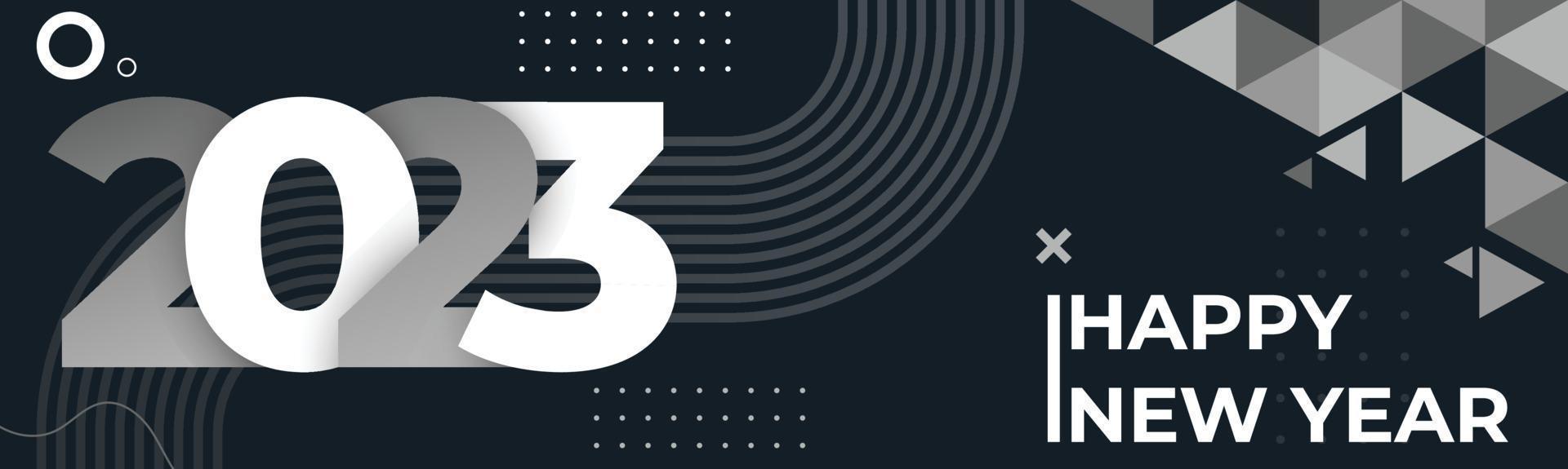 Happy new year 2023 text design with modern geometric calligraphy on dark background. Creative greeting card colorful banner for the 2023 year vector