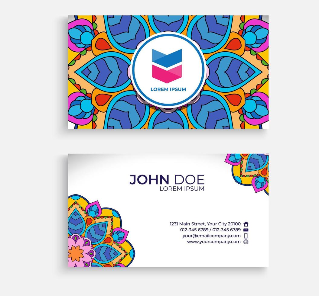 Embroidery style colorful mandala business card design. Bright floral ornamental elements, Indian, Asian, Arabic, Islamic, and ottoman motif. Vector illustration