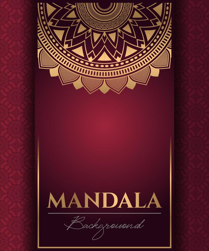 Abstract gold luxury mandala background vector template, Circular ornamental arabesque pattern for poster, cover, brochure, invitation, flyer. Red background with ethnic floral mandala elements