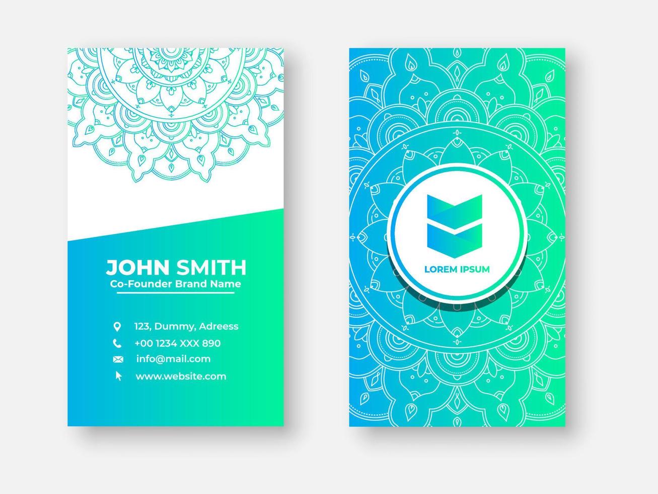 Modern double sided busines card design, Colorful gradient mandala business card design. Bright floral ornamental elements, Indian, Asian, Arabic, Islamic, and ottoman motif, Vector illustration