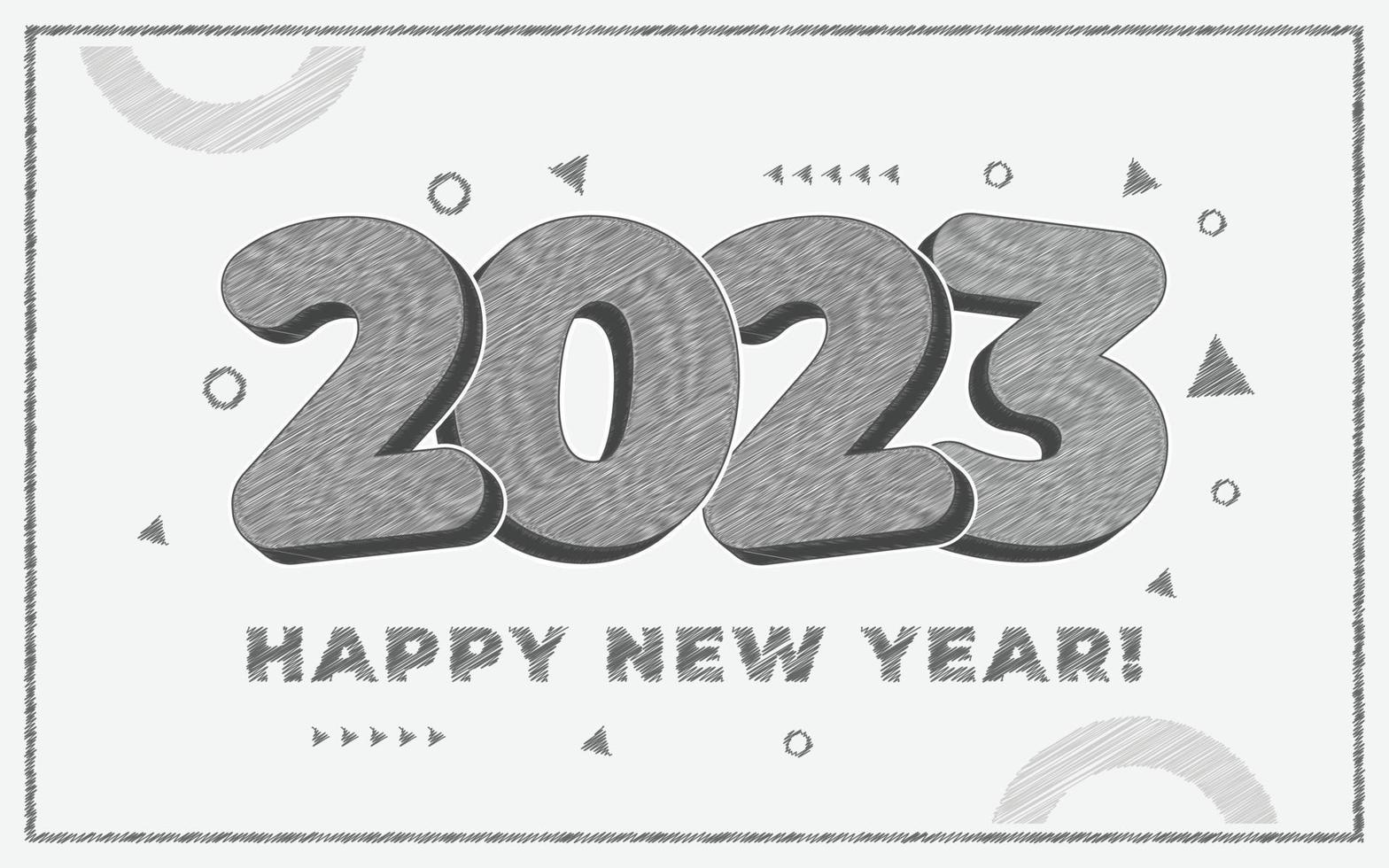 feliz año nuevo 2023 plantilla de vector de saludo, tipografía de moda con patrón geométrico hipster en estilo memphis, número 2023 con efecto de texto de boceto a lápiz, efecto de tipografía de garabato