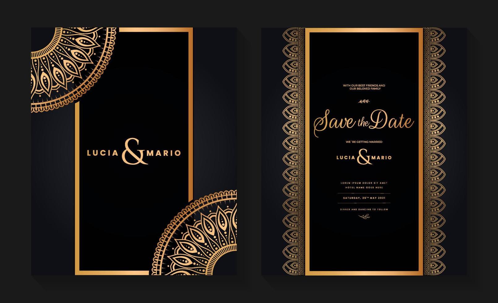 Luxury wedding invitation card design with golden mandala and abstract pattern, Arabic Islamic east background style, Decorative ornamental mandala for print, poster, cover, flyer, and banner. vector