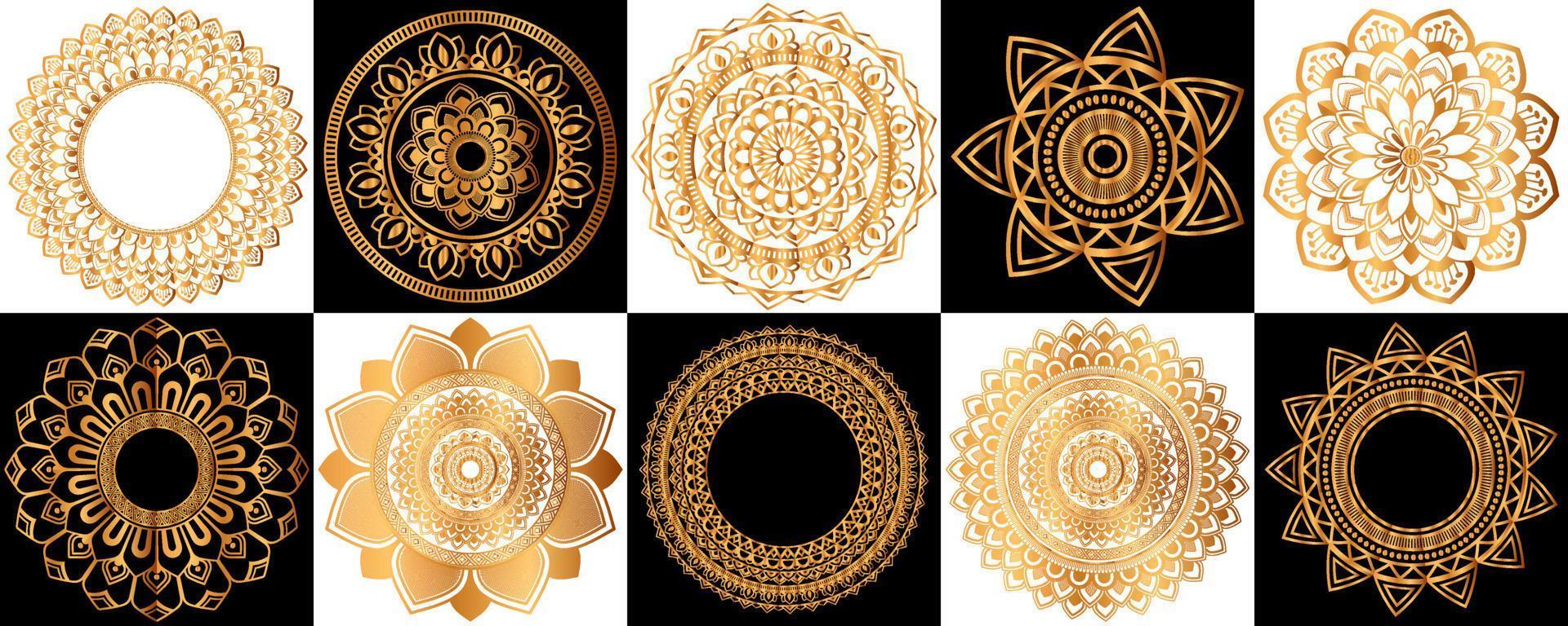 Set of gold zentangle mandalas, Mandala for henna, mehendi, tattoo, Decorative ethnic ornamental elements, Oriental patterns vector