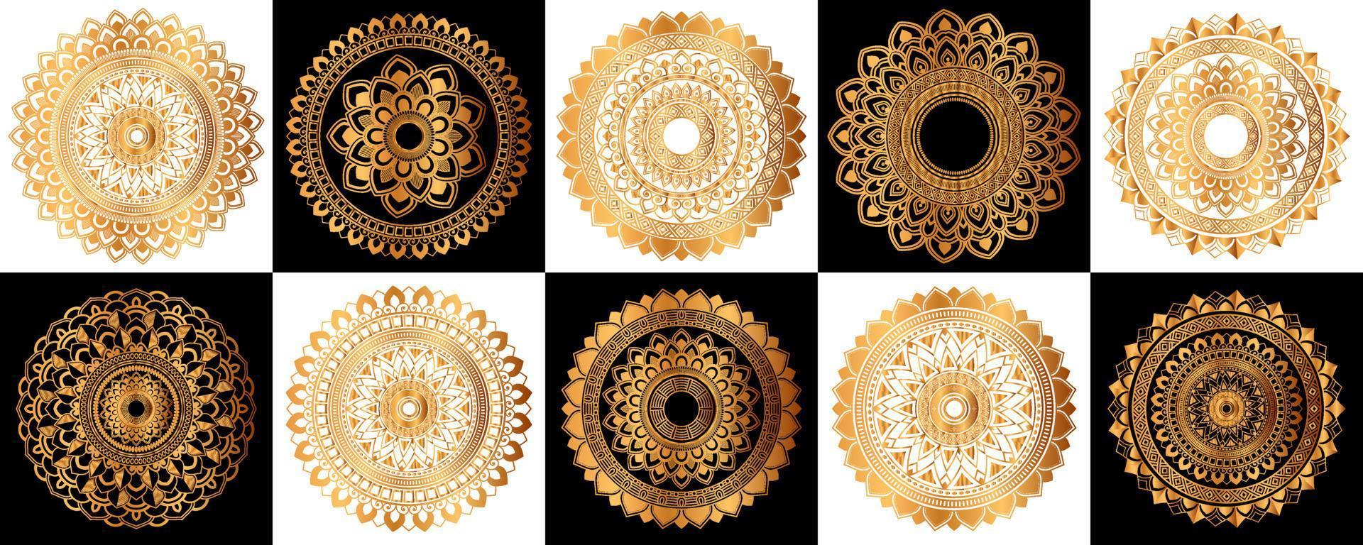 conjunto de mandalas zentangle dorados, mandala para henna, mehendi, tatuaje, elementos ornamentales étnicos decorativos, motivos orientales vector
