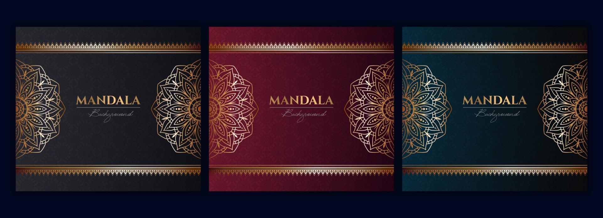 Set of abstract gold luxury mandala background vector template, Circular ornamental arabesque pattern for poster, cover, brochure, flyer. Red, green, blue background with ethnic floral mandala element