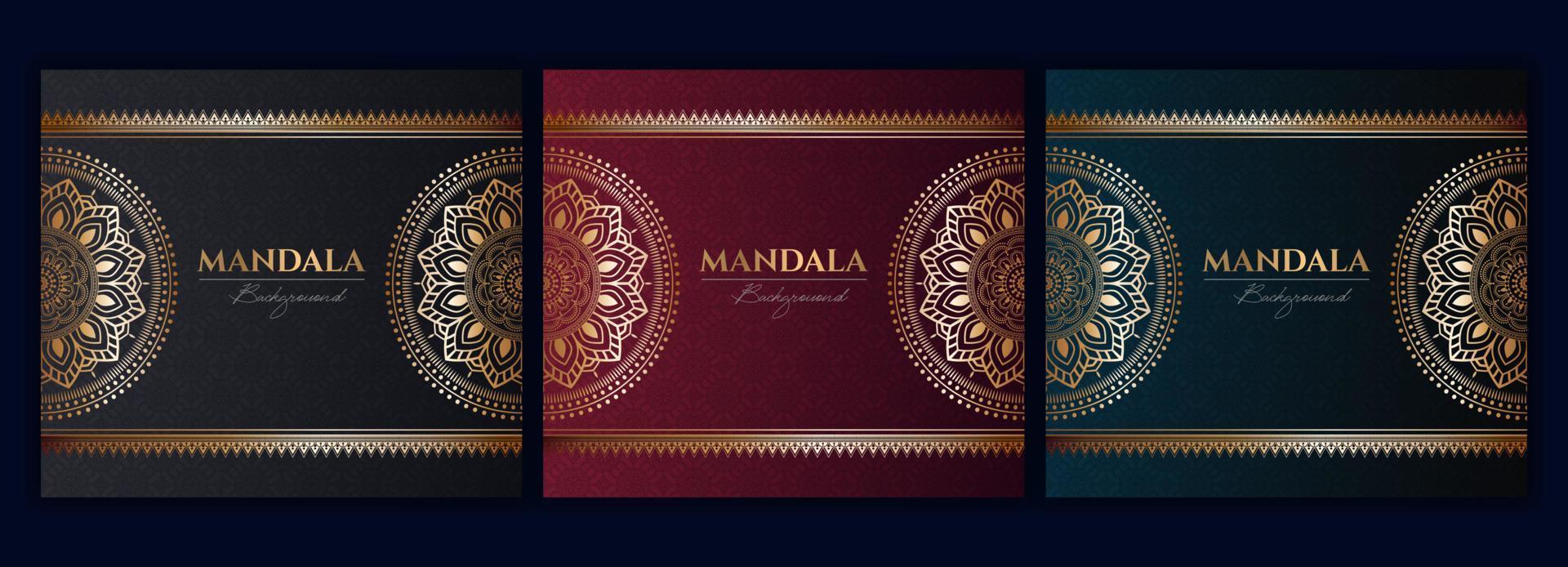 Set of abstract gold luxury mandala background vector template, Circular ornamental arabesque pattern for poster, cover, brochure, flyer. Red, green, blue background with ethnic floral mandala element