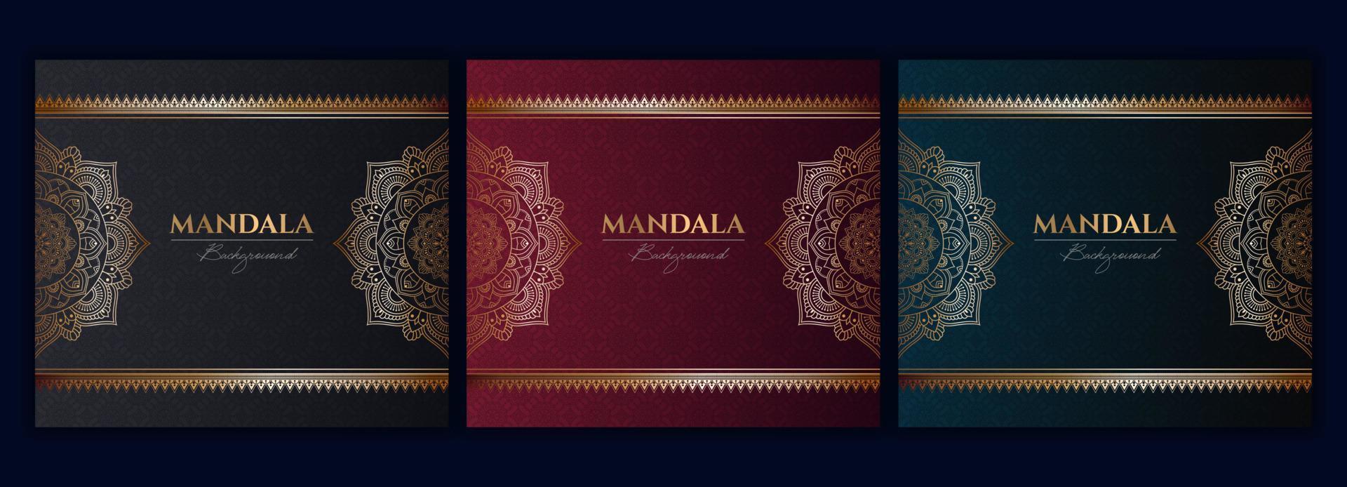 Set of abstract gold luxury mandala background vector template, Circular ornamental arabesque pattern for poster, cover, brochure, flyer. Red, green, blue background with ethnic floral mandala element