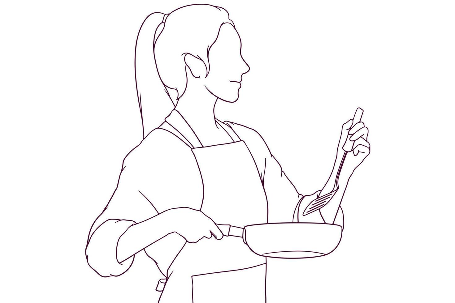 beautiful girl in apron cooking hand drawn style vector illustration