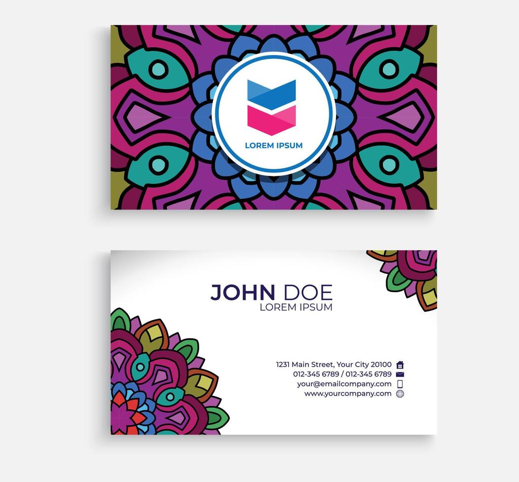 Embroidery style colorful mandala business card design. Bright floral ornamental elements, Indian, Asian, Arabic, Islamic, and ottoman motif. Vector illustration