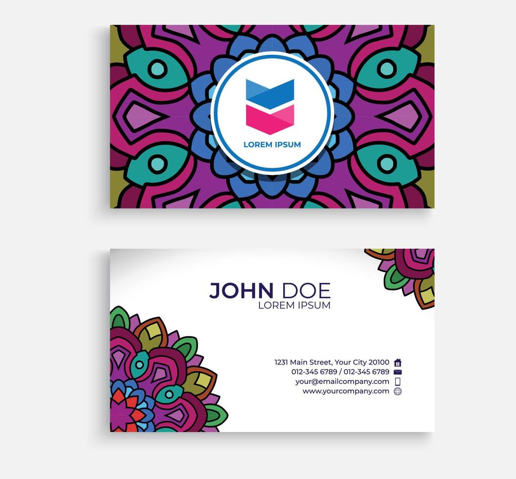 Embroidery style colorful mandala business card design. Bright floral ornamental elements, Indian, Asian, Arabic, Islamic, and ottoman motif. Vector illustration