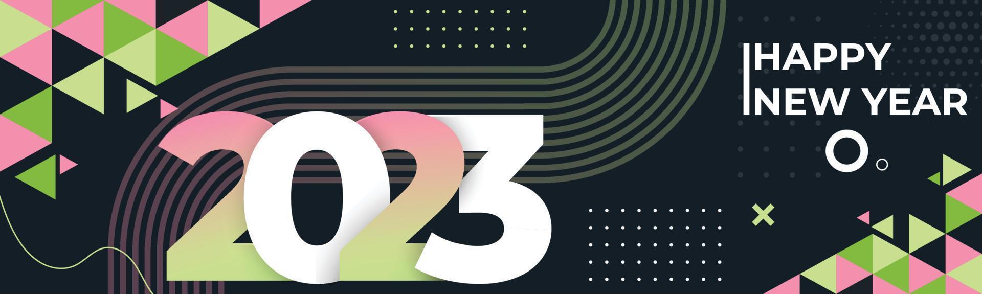 Happy new year 2023 text design with modern geometric calligraphy on dark background. Creative greeting card colorful banner for the 2023 year vector