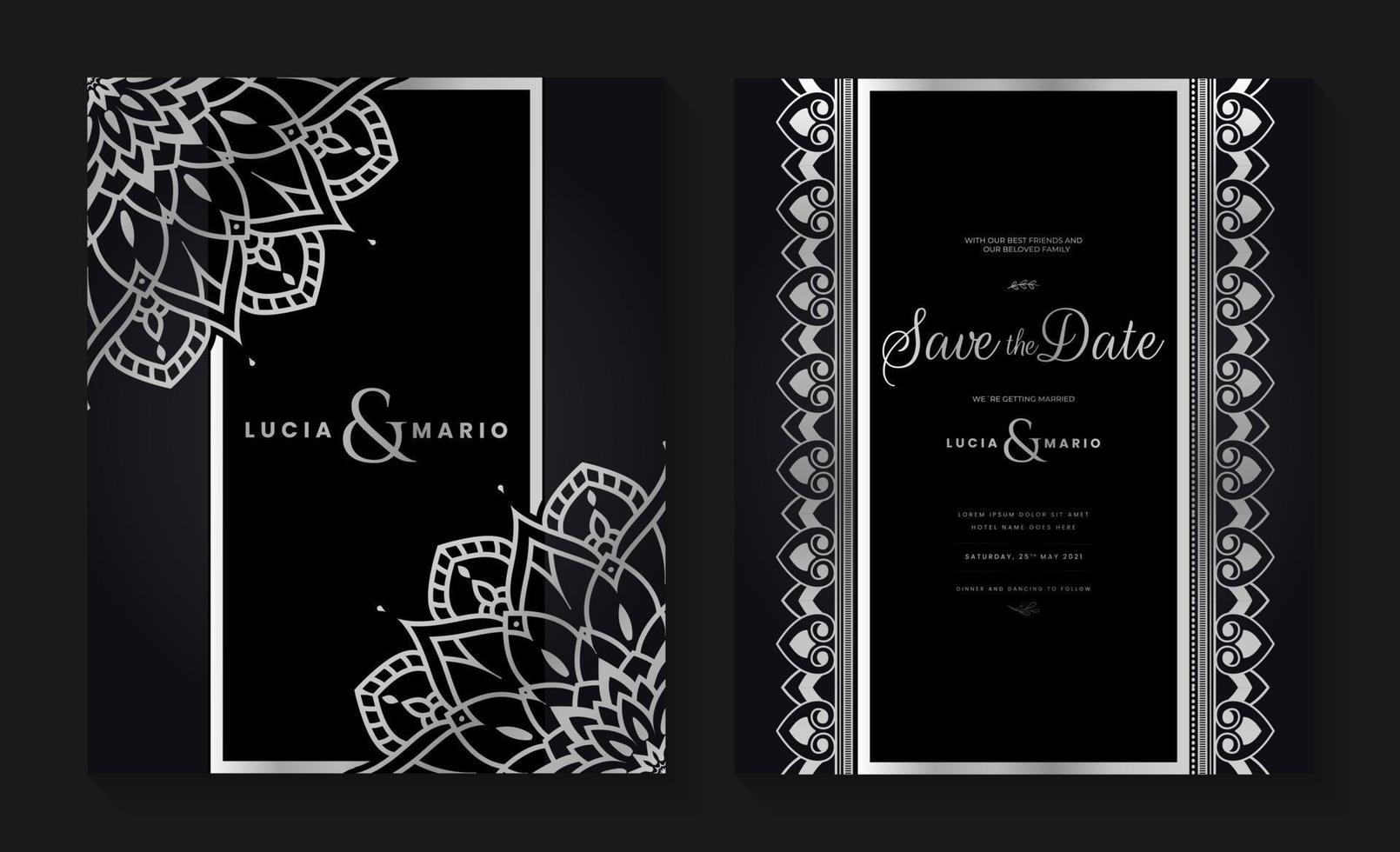 Luxury wedding invitation card design with silver mandala and abstract pattern, Arabic Islamic east background style, Decorative ornamental mandala for print, poster, cover, flyer, and banner. vector