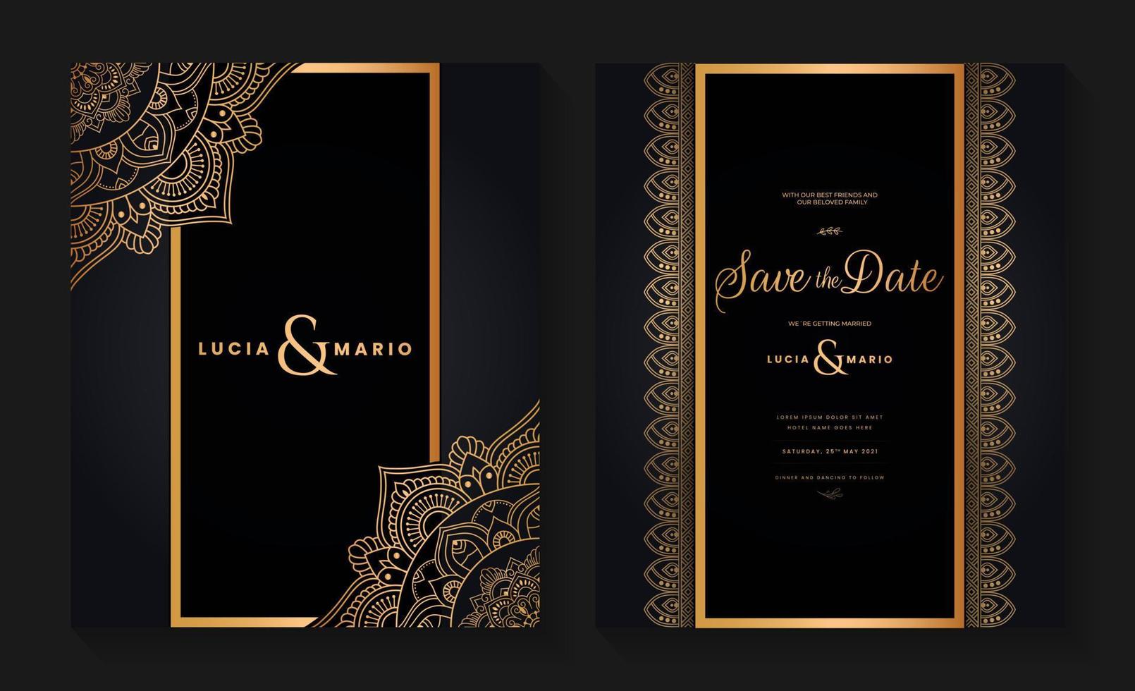 diseño de tarjeta de invitación de boda de lujo con mandala dorado y patrón abstracto, estilo de fondo árabe islámico oriental, mandala ornamental decorativa para impresión, afiche, portada, volante y pancarta. vector