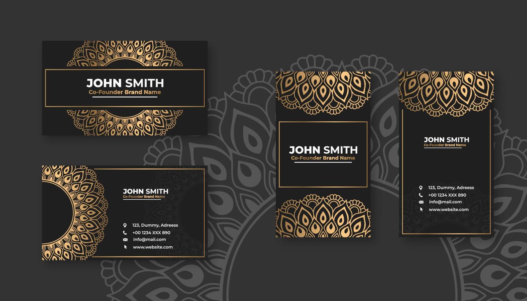 Luxury black business card with golden mandala decoration designs, Bright floral ornamental elements vector