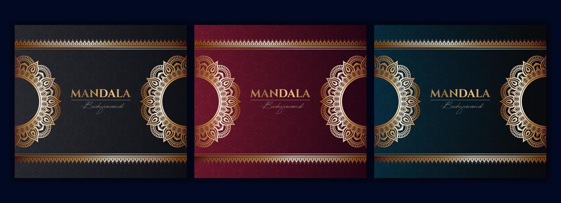 Set of abstract gold luxury mandala background vector template, Circular ornamental arabesque pattern for poster, cover, brochure, flyer. Red, green, blue background with ethnic floral mandala element