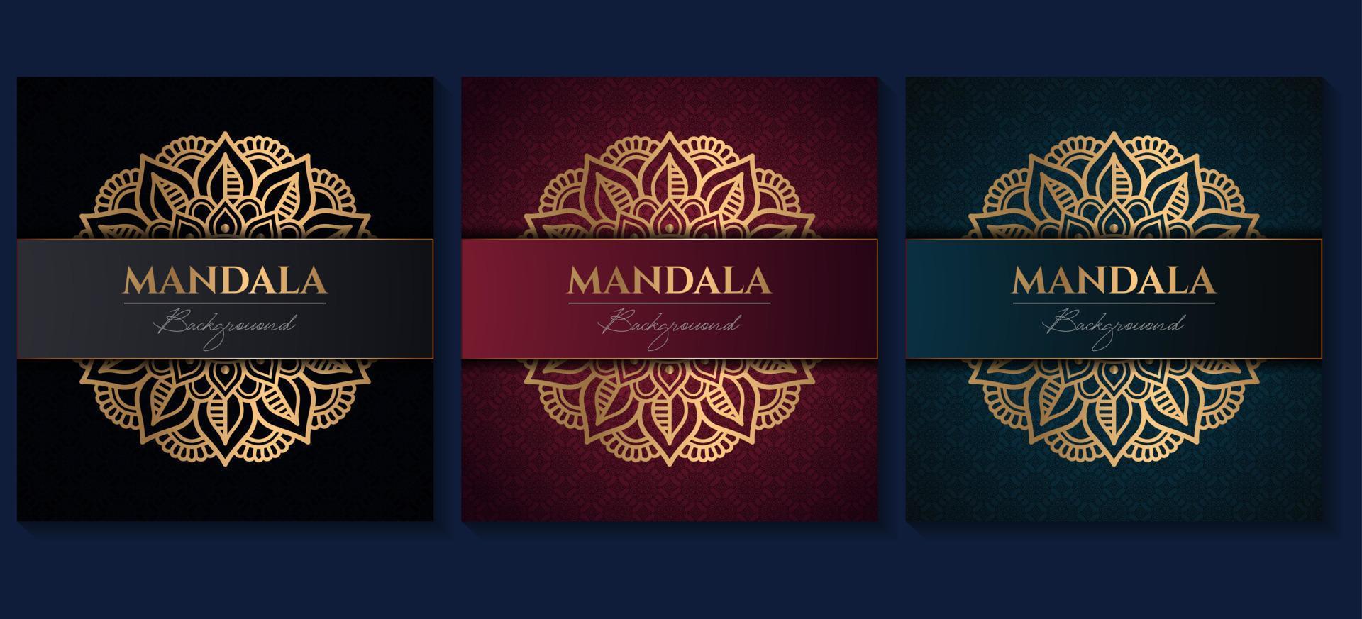 Set of abstract gold luxury mandala background vector template, Circular ornamental arabesque pattern for poster, cover, brochure, flyer. Red, green, blue background with ethnic floral mandala element
