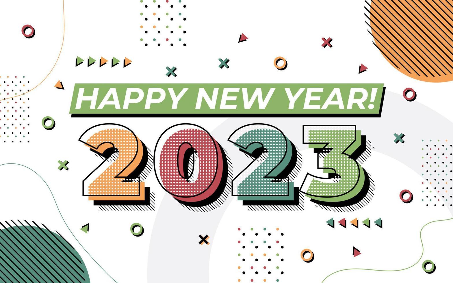 Happy new year 2023 greeting card template, Trendy typography with geometric hipster pattern in Memphis style, 2023 logo background, Applicable for banner, calendar, invitation, flyer, social media vector